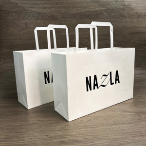 Cheap Wholesale Custom White Kraft Paper Bags with Black Logo - Flat Handle Shopping Bags for Clothes - Product Image 1