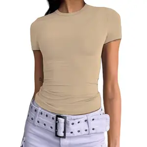 Grosir kaus Crop top lengan pendek sejuk seksi Jersey spandeks 92% Rayon 8% polos untuk wanita