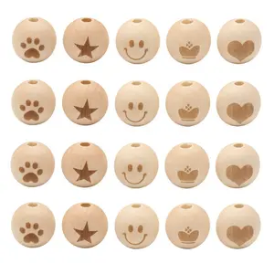 20MM laser engraved wood color wooden beads expression wooden beads diy loose beads wholesale