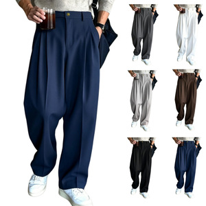Pantalones de Traje para Hombre, de Pierna Ancha con Doble Pliegue, Cintura Media, Sin Arrugas, de Secado Rápido, Transpirables, Holgados, Formales, para Oficina y Bodas - Product Image 1