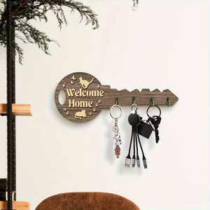 Yuka <b>Wooden</b> Key Holder Wall Mounted Welcome Cat Pattern Home Decor Storage Hook <b>Rustic</b> Style Entryway Organizer - Product Image 4