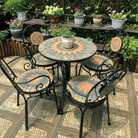 Table et chaise de balcon en fer de style européen ensemble de trois pièces table et chaise de thé en mosaïque pour cour extérieure