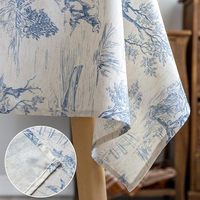 Nappe Rectangulaire Personnalisée en Polyester Tissé Imprimé Floral Bleu Lavable Effet Lin pour Maison, Mariage et Banquet