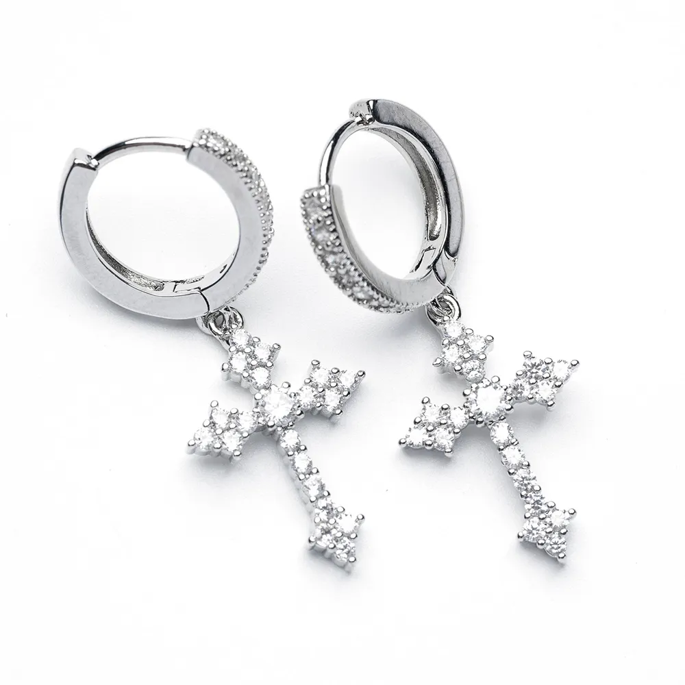 Hip Hop Fashion Brass Zircon Cross Earrings Boys Popular Silver Plated Earrings Jewelry