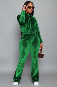 时尚天鹅绒夹克和喇叭裤两件套女性定制天鹅绒慢跑者运动服两件套套装 - Product Image 4