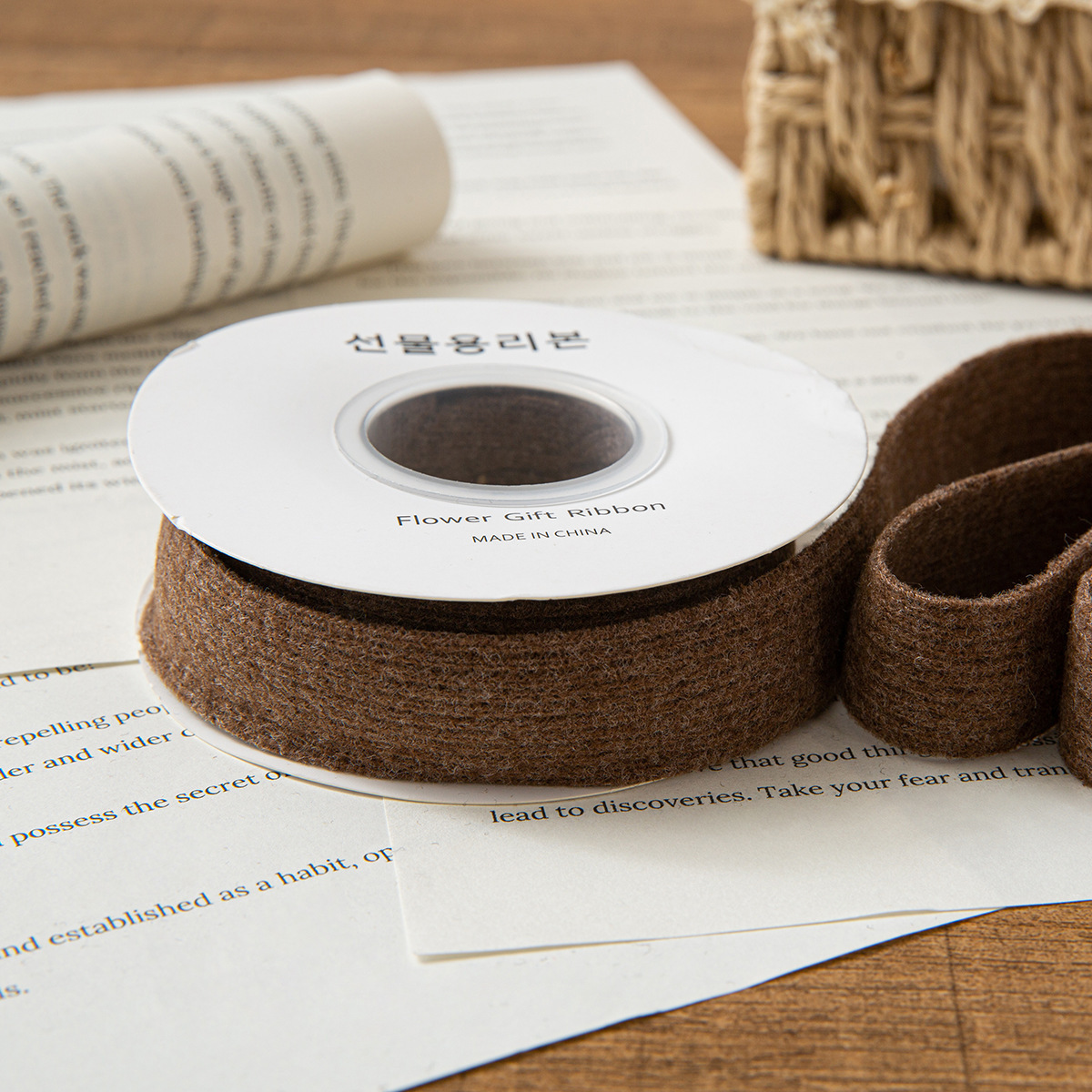 2.5cm brown woolen knitted ribbon, 1 yard (25 yards/roll)