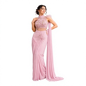 Elegante Saree Rosa Bordado para Mujer con Dupatta, Corte Regular, Secado Rápido, para Todas las Temporadas, Estilo Indio-Pakistaní, Listo para Usar - Product Image 1