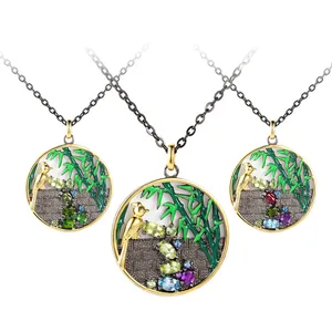 C7929 Abiding Jewelry Genuine Natural Gemstone Bird Bamboo Statement Jewelry 925 Sterling Sterling Silver Necklace Pendant