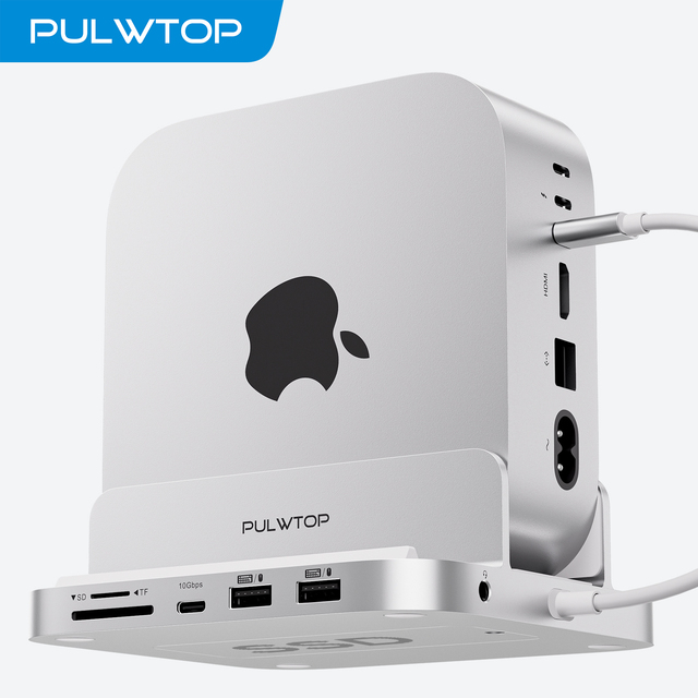 PULWTOP 8-in-1 USB-C Hub for Mac Mini M4/M4 Pro with M.2 SSD Enclosure, USB-A/C 3.2 10Gbps, 2 USB-A 2.0, 3.5mm Audio, SD/TF