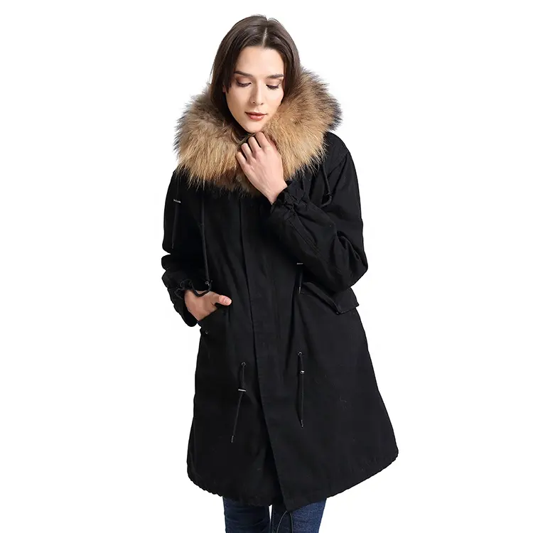 Jtfur Women'S Black Winter Fashion Down Coat Raccoon Fur Detachable Thermal Coat