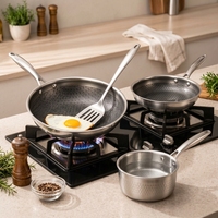 Set Peralatan Masak Stainless Steel 304 Anti Lengket dengan Tutup Kaca, Kompatibel dengan Induksi