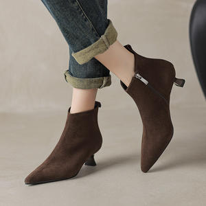 Botines de tacón bajo de ante con punta, elegantes y adelgazantes para mujer, estilo francés. - Product Image 1