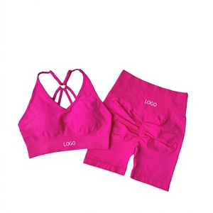 Women's Pink <b>Halter</b> Solid Yoga Set Sports Bra Shorts 2 Piece Seamless High Waist Ruched Twist Design Breathable Activewear - Product Image 2