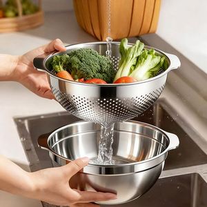 Ensemble de bassines en acier inoxydable 304 de qualité alimentaire, épaissies, pour la cuisine domestique, panier de lavage et d'égouttage des légumes, passoire à soupe, compatible lave-vaisselle - Product Image 1