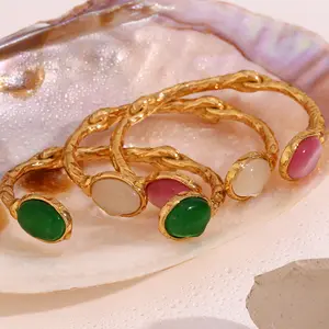 Vintage Pleated Open C Shape Bangles 18K Gold Plated 316L Stainless Steel Oval Agate Jade Crystal Inlay Bangles