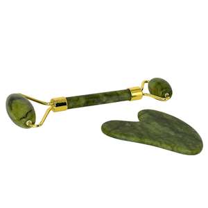 Outil de Gua Sha en jade naturel 2 en 1, rouleau de jade vert, masseur facial avec cadre en alliage inoxydable, boîte cadeau pour le visage et le corps - Product Image 1