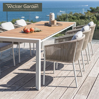 Fauteuil d'extérieur tressé en corde avec coussin, structure en aluminium, mobilier de jardin et de terrasse pour la restauration, pour les revendeurs, commandes en gros et personnalisées