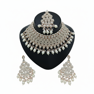 Parure de bijoux de mariée en laiton plaqué or et zircon, collier ras-du-cou, boucles d'oreilles pendantes, tikka, haute qualité, cadeau de fête et de mariage, bijoux ethniques - Product Image 2