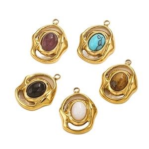 Pendentifs ovales en pierre naturelle en acier inoxydable plaqué or 18 carats pour la fabrication de bijoux DIY |   Turquoise, Œil de tigre, Améthyste, Quartz, Onyx - Product Image 1