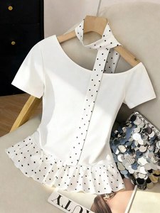 Jupe plissée élégante vintage West Island Dream, style rétro français, taille haute, color block, à pois, taille unique, col Peter Pan - Product Image 1