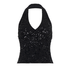 Top de tirantes con lentejuelas y cuello en V de color sólido para mujer - Product Image 6