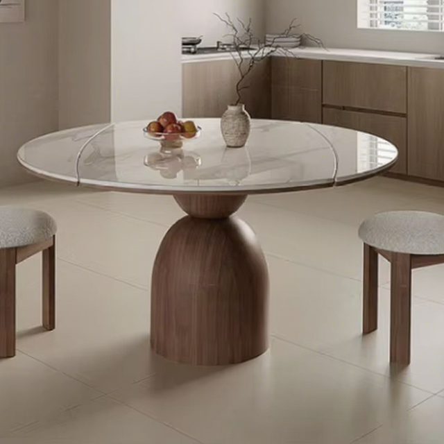 Mid-Century Modern Retractable Round Dining Table for Small Household Spaces, Bright Fish Belly White Sintered Stone