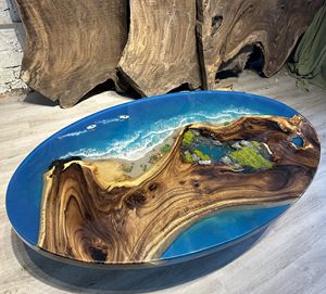 โต๊ะกาแฟเรซิ่นอีพ็อกซี่ลายวิวชายหาด ฐานไม้ธรรมชาติ พร้อมรายละเอียดมหาสมุทรและชายฝั่งที่สมจริง - Product Image 1