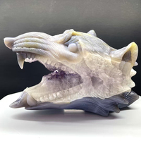 Tête de loup sculptée en géode d'améthyste naturelle unique, crânes de loup en cristal drusy pour collection de cristaux et décoration métaphysique