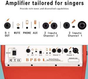 Coolmusic BP80 100W Amplificateur portable pour basson alimenté par batterie 6 entrées Égaliseur 3 bandes Alliage d'aluminium Orange - pour l'enregistrement - Product Image 4