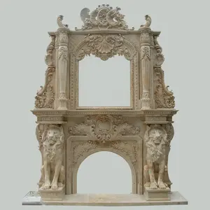 天然意大利米色狮子大理石拱形壁炉壁炉架，带立柱