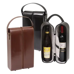 Yüksek kaliteli özel 2 fermuarlı deri şarap tutucu şarap kutusu deri taşıma çantası kolu ile şarap