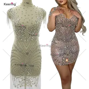Keering WDP-362 High End Bling vücut omuz püskül kristal saçak Rhinestone korse aplike V boyun gelin düğün elbisesi