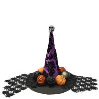 Décorations de fête : Grande pampille rouge, boules décoratives, branche morte, tête de squelette effrayante, main, chapeau de sorcière d'Halloween