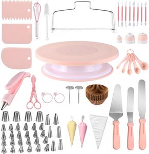 Willia 207pcs Stainless Steel Pink <strong>Cake</strong> Decorating Kit Includes Revolving Turntable Icing Bags <strong>Cake</strong> Scraper Piping - Product Image 1