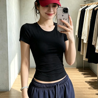 T-shirt décontracté pour femme, style américain, coupe slim, épaules tombantes, été, coton/fibre de bambou ; col rond, manches courtes douces et ajustées