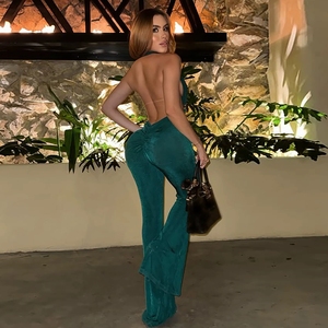 30 Autumn and Winter New Women's Fason Sey Anging <b>Neck</b> Eposed Back <b>Wrapped</b> Cest Flared Pants Jumpsuit - Product Image 4