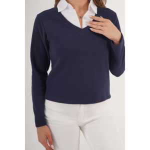 Blusa de Punto Azul Marino con Cuello Camisero, Estilo Clásico de Oficina, Top para Mujer - Product Image 4