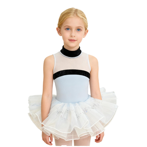 Maillot de Ballet de Algodón con Logotipo Personalizado para Niñas, Cuello Alto Azul, Falda de Organza con Malla, Ropa de Baile Elegante, Cintura Elástica, Largo - Product Image 1