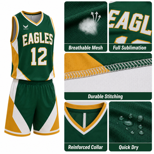 Ensemble d'uniformes de basketball personnalisés pour l'esprit scolaire – Maillot et short color block, extensibles dans quatre directions, anti-humidité et respirants à 100 % - Product Image 3