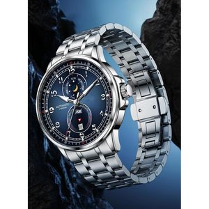 Montre mécanique automatique pour hommes, calendrier des phases lunaires, cadran analogique en cristal, montre-bracelet en acier inoxydable, résistante à l'eau 3BAR - Product Image 3