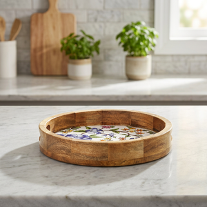 Plateau de service rond en bois avec motif floral, pour la décoration de la maison - Product Image 1