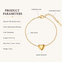 Bracelet à breloque cœur en acier inoxydable 304 plaqué or, avec chaîne câble cœur bombé, réglable pour femme