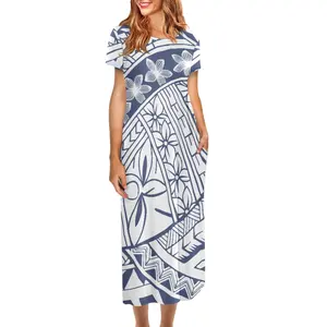 Polynesian Totem Floral Print Women's Dress Casual Round Neck Short Sleeve Dress Print on Demand Loose Long Dresses with Pockets