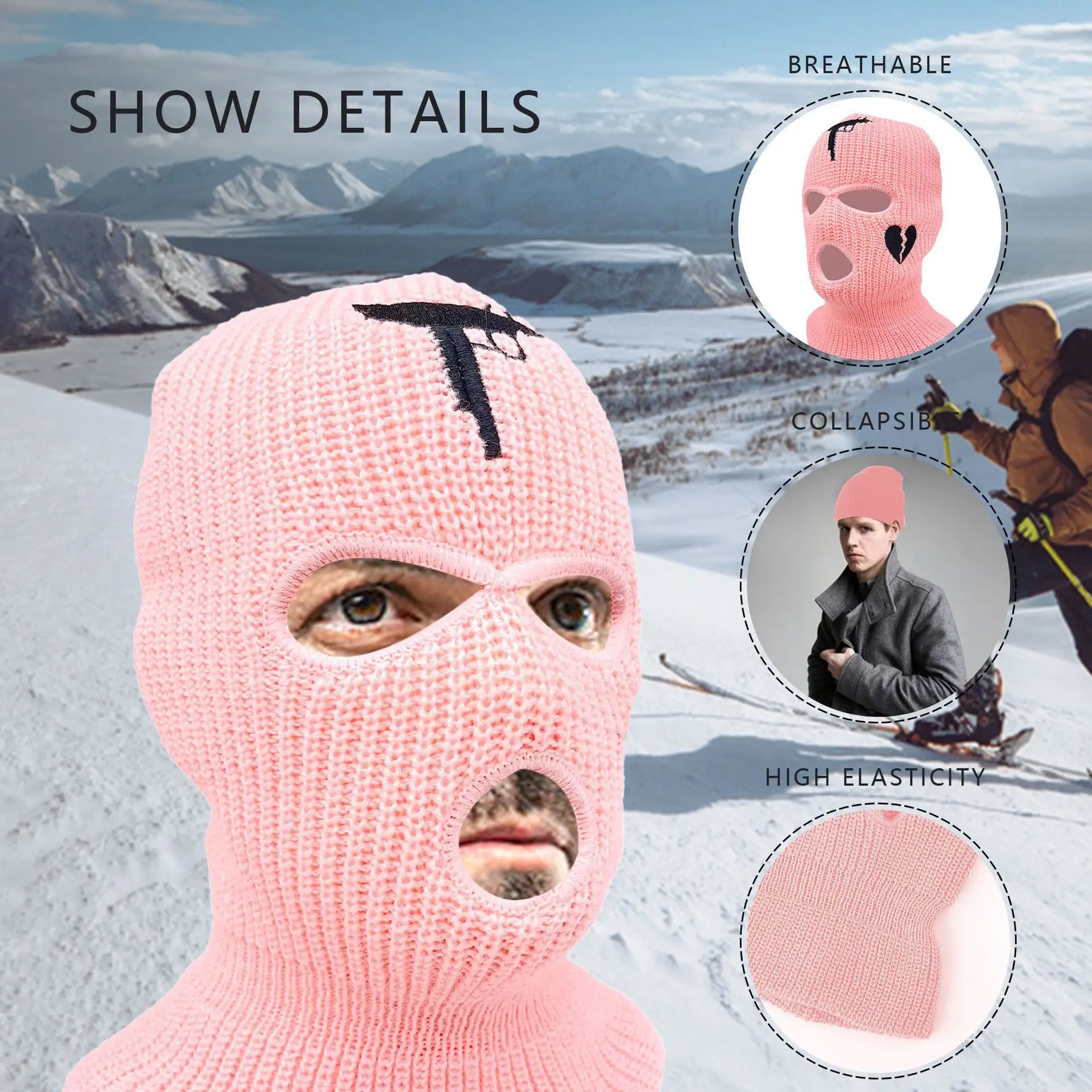 Masker Wajah Hangat Akrilik Pria, Beanie Warna Murni 3 Lubang Ski Musim Dingin untuk Lelaki