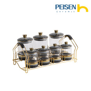 Ensemble de pots de conservation alimentaire en céramique classique, 7 pièces, bocaux en verre, bordure dorée, support en fer, poignée, thé, café, sucre, épices, OEM - Product Image 5
