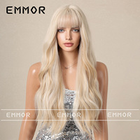 Wig rambut panjang keriting bergelombang besar bergaya platinum blonde, warna biru kecoklatan, model poni lurus ala Eropa Amerika, nomor 63.