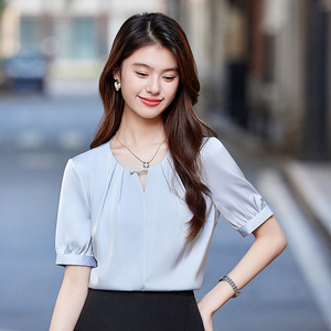 French Style 3D Rose Silk Blouse Women Summer Elegant Pearl Satin Top Office Wear Solid Color Short Sleeve Shirt - Product Image 4