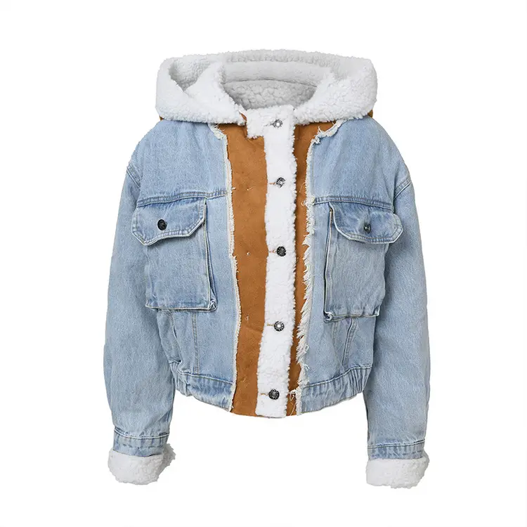 New trendy ladies winter thick warm clothing denim out door wear faux fur collar women's hoodie jeans puff jackets coats