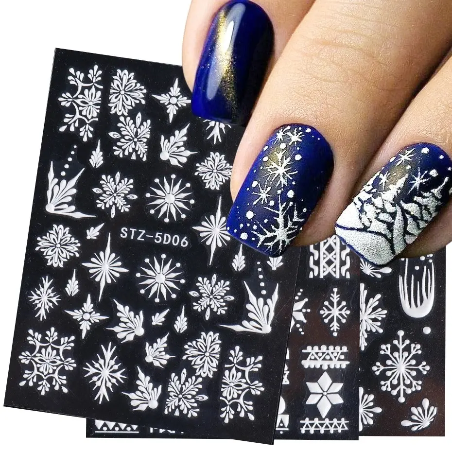 1 folha de adesivos para unhas 5d, decalque artístico de unha branco e de floco de neve para natal