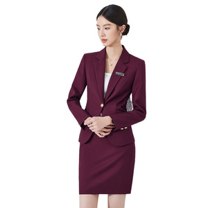 Women's Wine Red Suit Set Formal Wear Spring Autumn Anti-Wrinkle Polyester Full Sleeve Professional Office Outfit - Product Image 5
